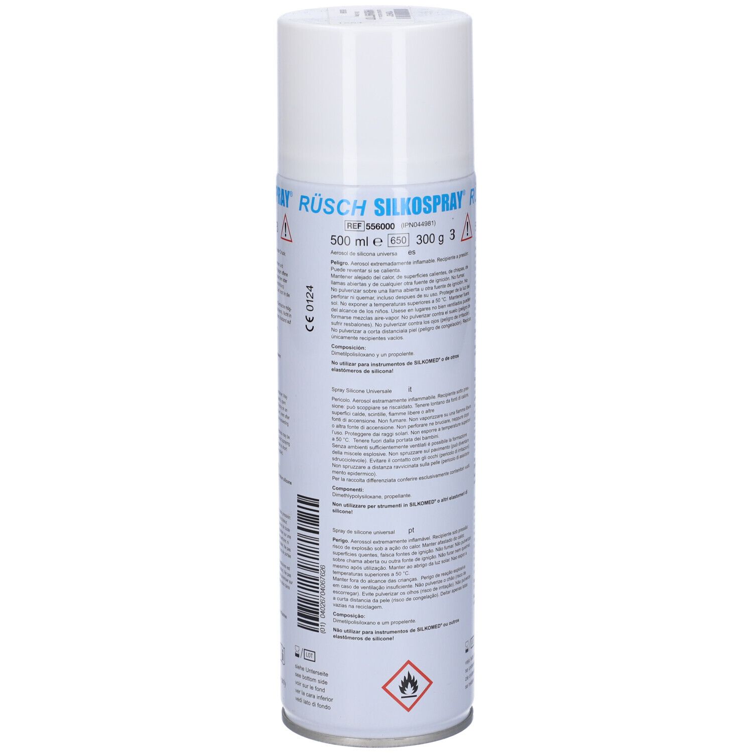 Bomboletta cilindrica con tappo bianco. Scritta: RUSCH SILKOSSPRAY. Contiene informazioni e avvertenze.