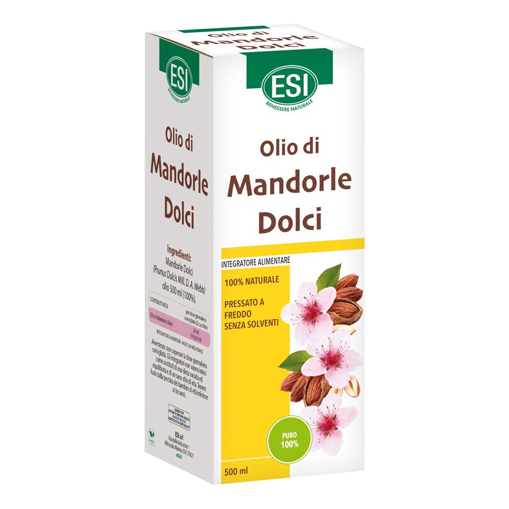 Scatola con stampa del prodotto. Testo: Olio di Mandorle Dolci, logo ESI, 100% naturale, pressato a freddo, senza solventi.