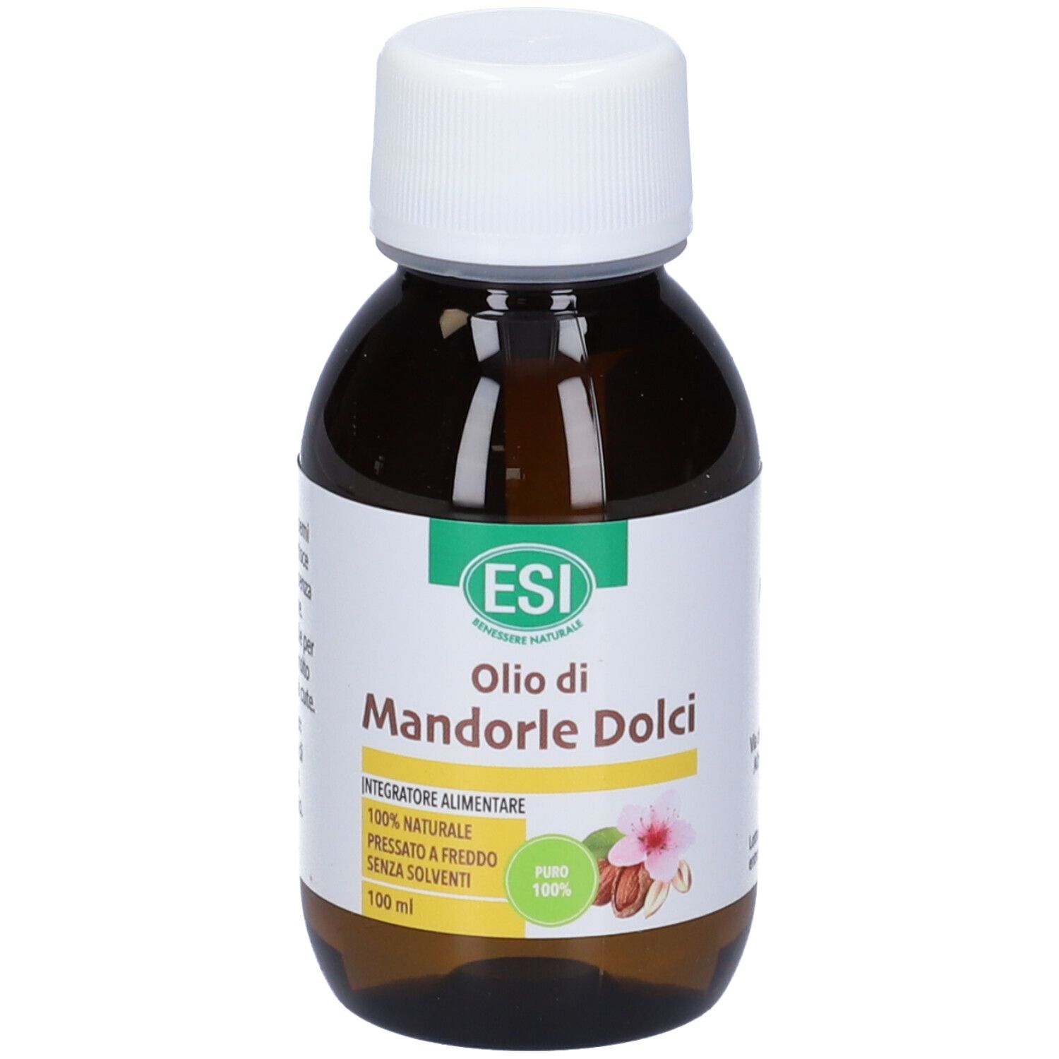 Flacone di vetro marrone con tappo bianco. Etichetta con testo: Olio di Mandorle Dolci, logo ESI, 100% naturale, pressato a freddo, senza solventi.