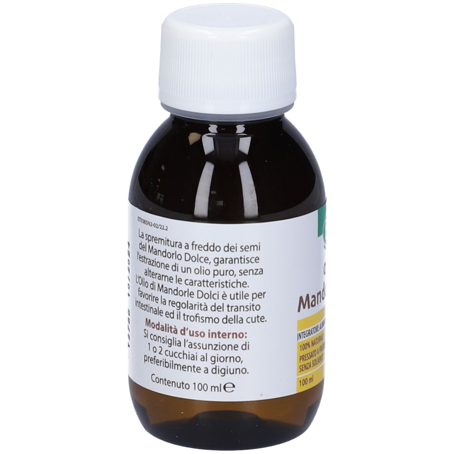 Flacone di vetro marrone con tappo bianco. Etichetta con testo: Olio di Mandorle Dolci, logo ESI, 100% naturale, pressato a freddo, senza solventi.