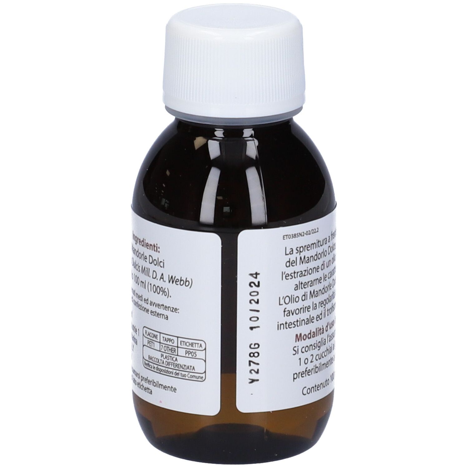 Flacone di vetro marrone con tappo bianco. Etichetta con testo: Olio di Mandorle Dolci, logo ESI, 100% naturale, pressato a freddo, senza solventi.