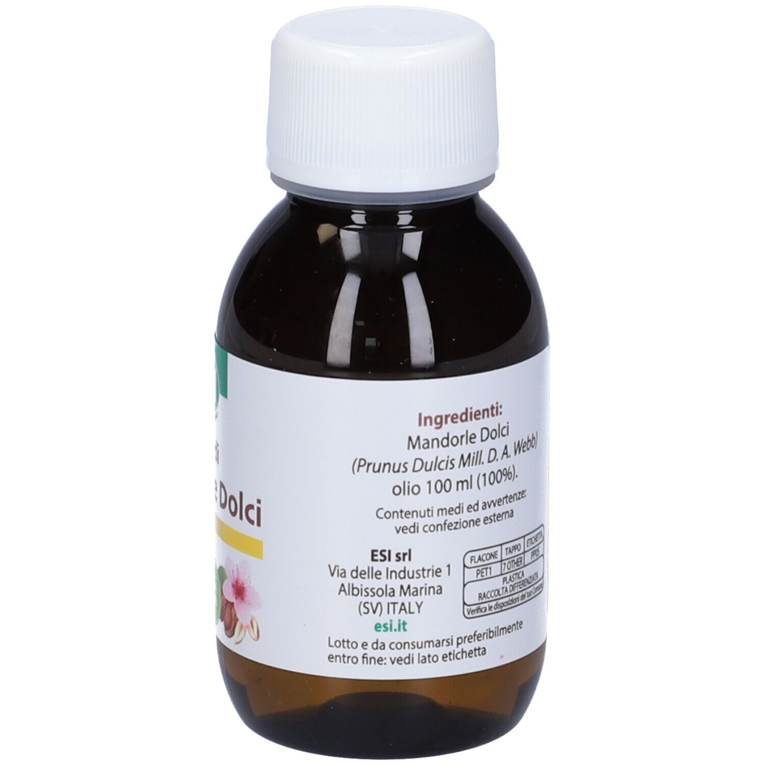 Flacone di vetro marrone con tappo bianco. Etichetta con testo: Olio di Mandorle Dolci, logo ESI, 100% naturale, pressato a freddo, senza solventi.