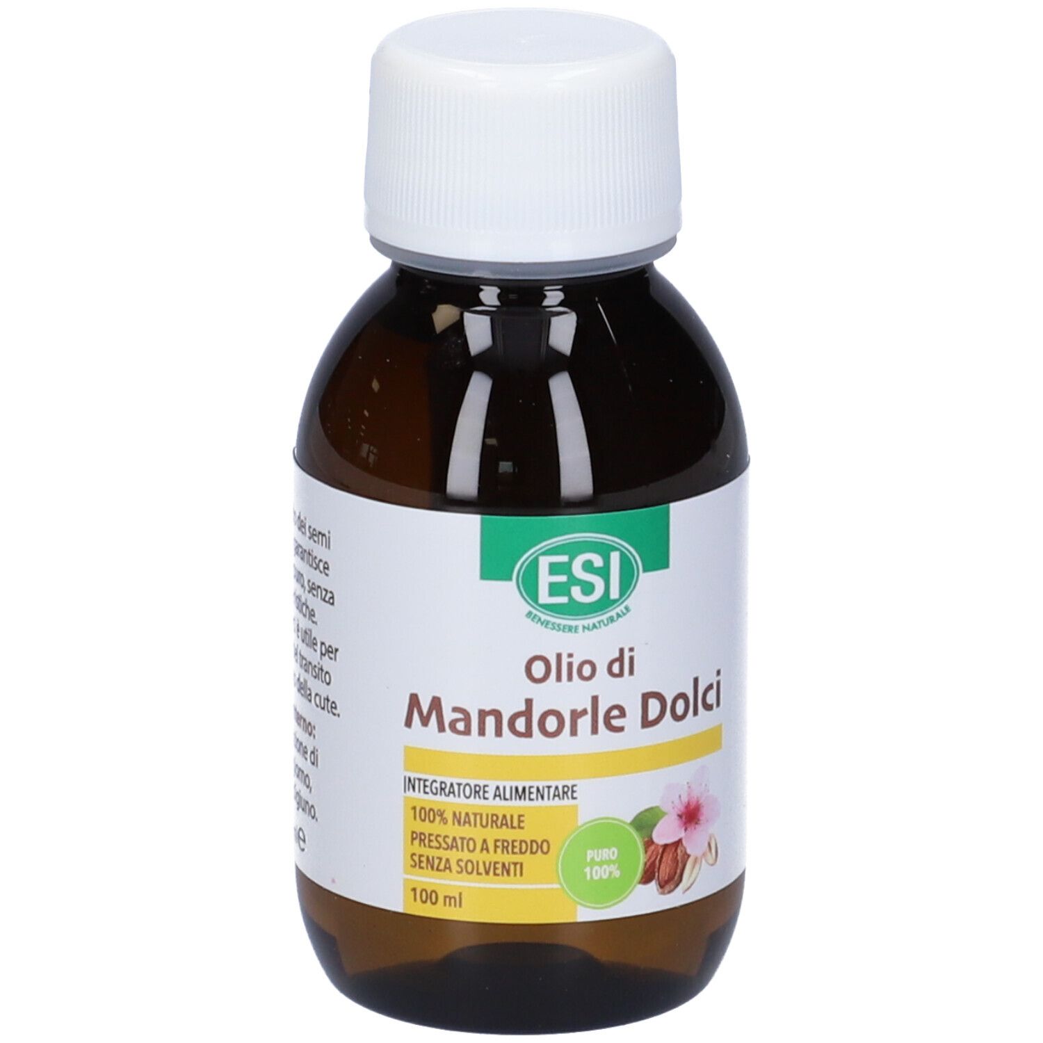 Flacone di vetro marrone con tappo bianco. Etichetta con testo: Olio di Mandorle Dolci, logo ESI, 100% naturale, pressato a freddo, senza solventi.