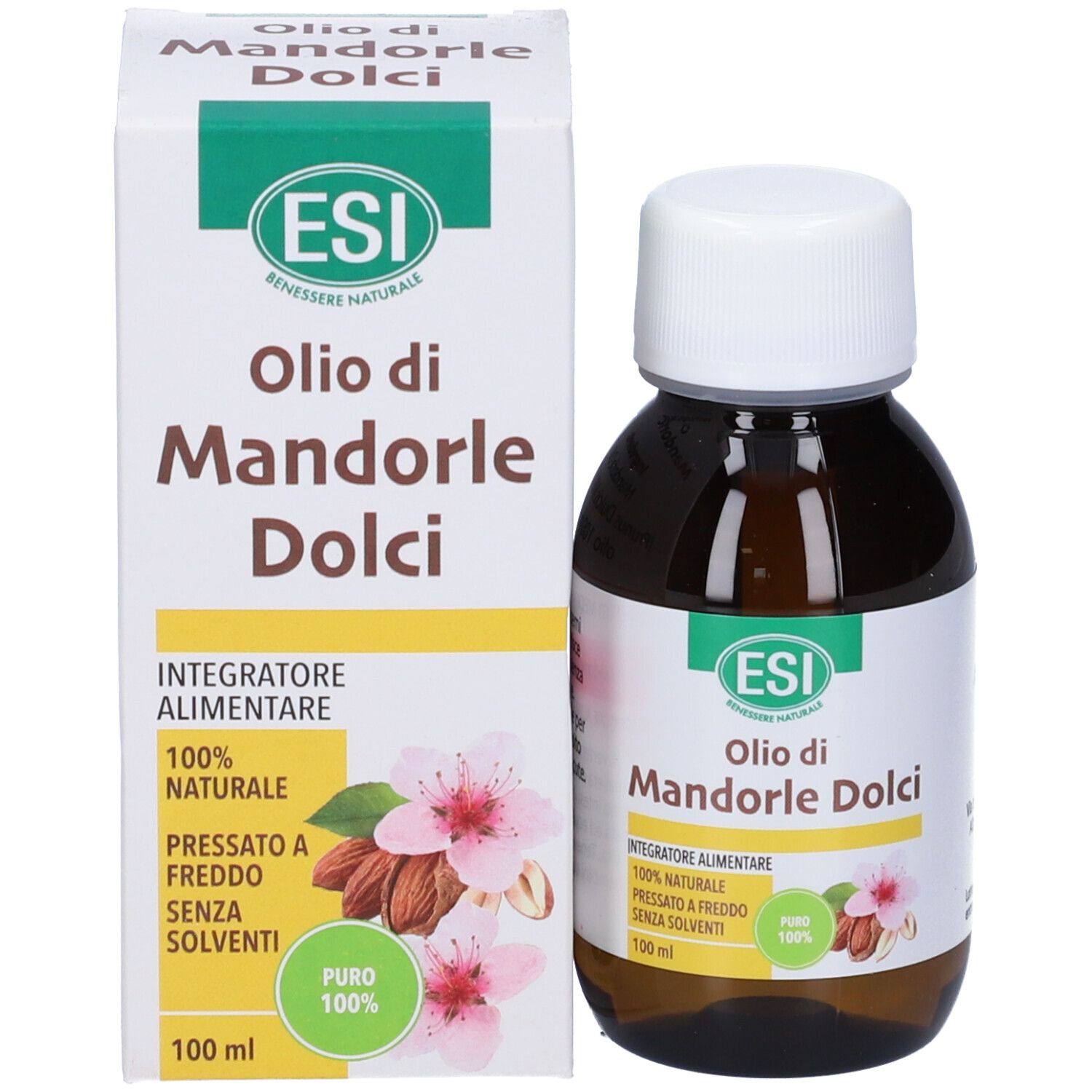 Prodotto con confezione. Flacone di vetro marrone e scatola. Testo: Olio di Mandorle Dolci, logo ESI, 100% naturale, pressato a freddo, senza solventi.