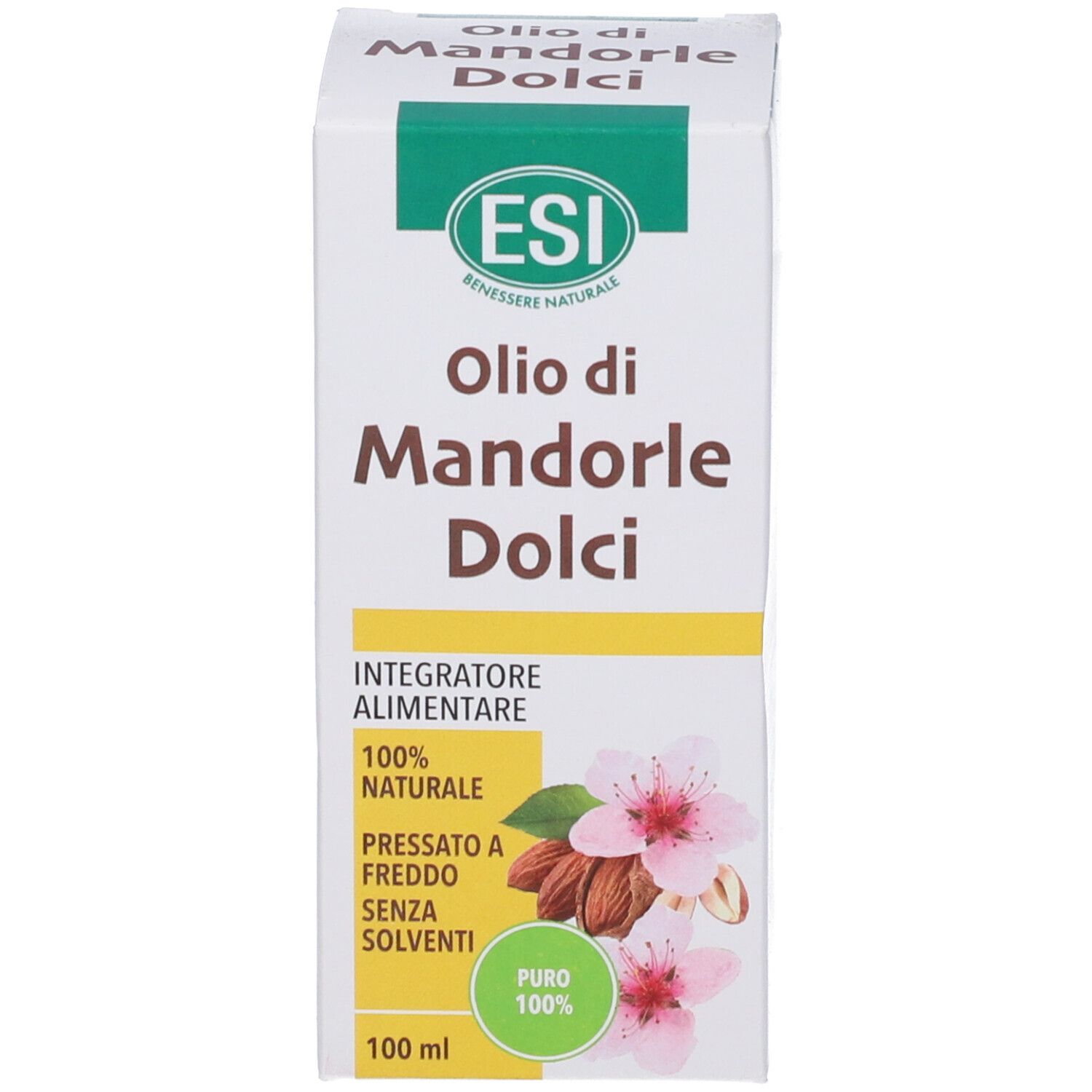 Scatola con stampa del prodotto. Testo: Olio di Mandorle Dolci, logo ESI, 100% naturale, pressato a freddo, senza solventi.