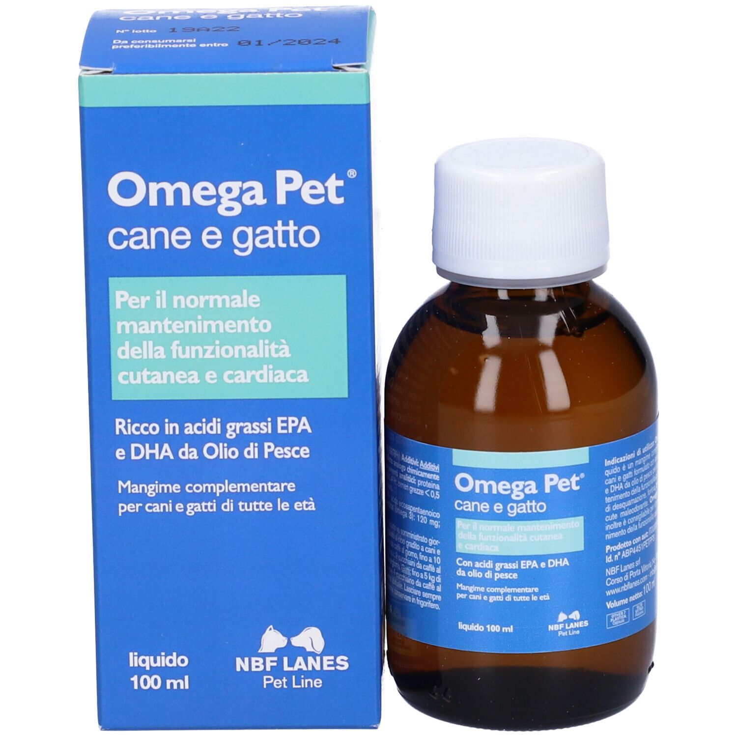 Flacone marrone e scatola con nome prodotto Omega Pet. Testo in italiano. Flacone con tappo bianco.