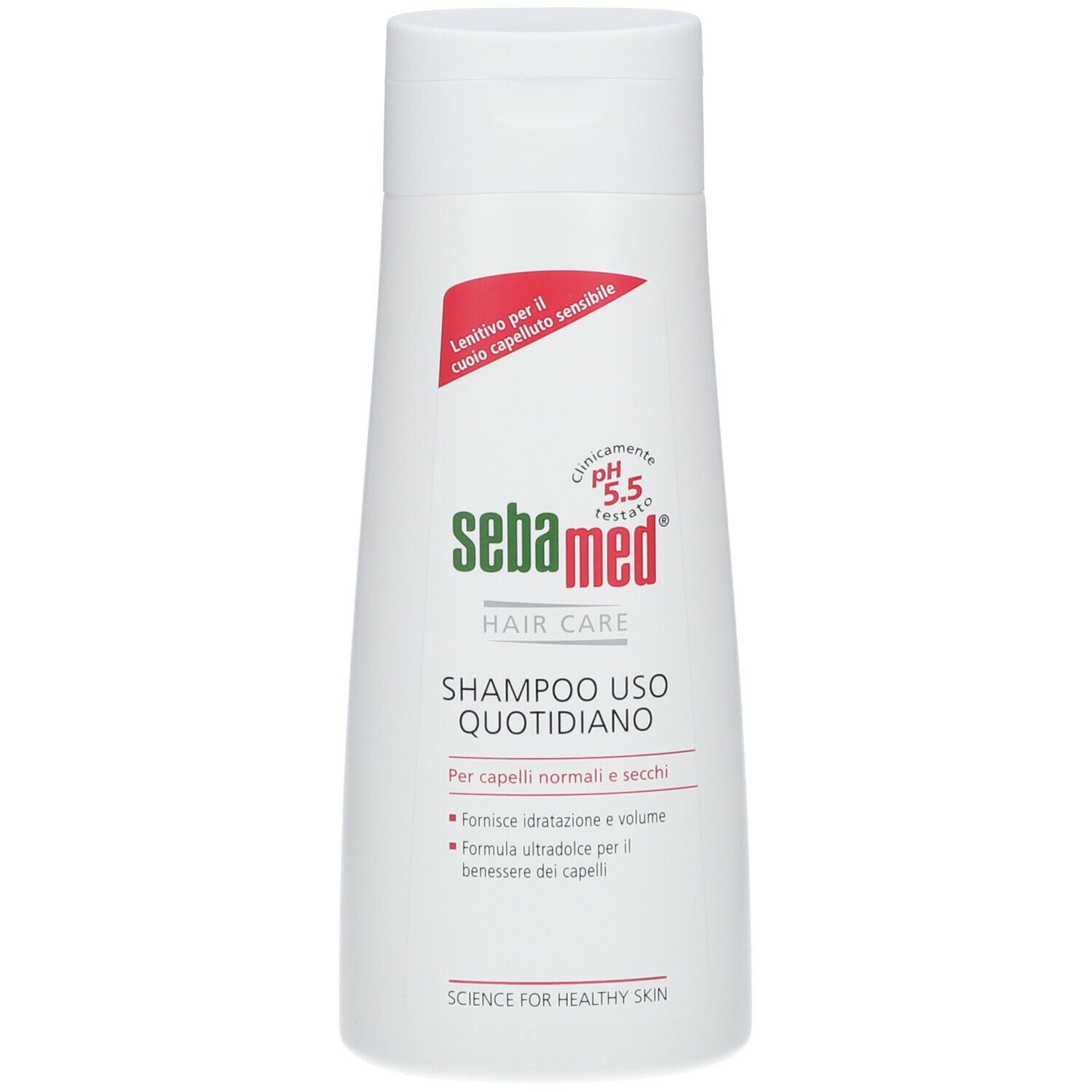 Flacone di shampoo bianco con testo rosso e verde. Testo: Sebamed, Hair Care, Shampoo Uso Quotidiano.