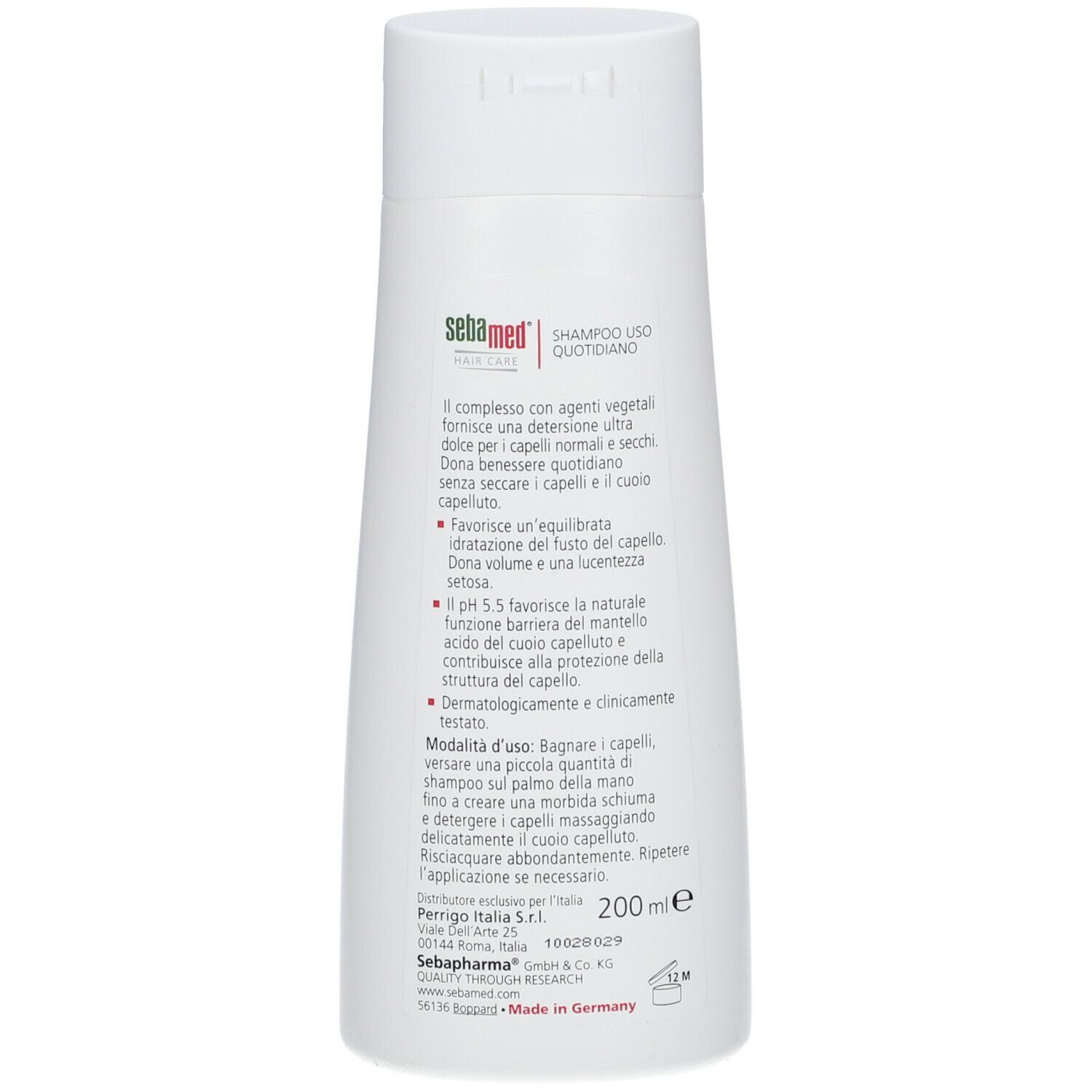 Retro del flacone di shampoo. Testo: Sebamed, Shampoo Uso Quotidiano. Ingredienti e istruzioni.