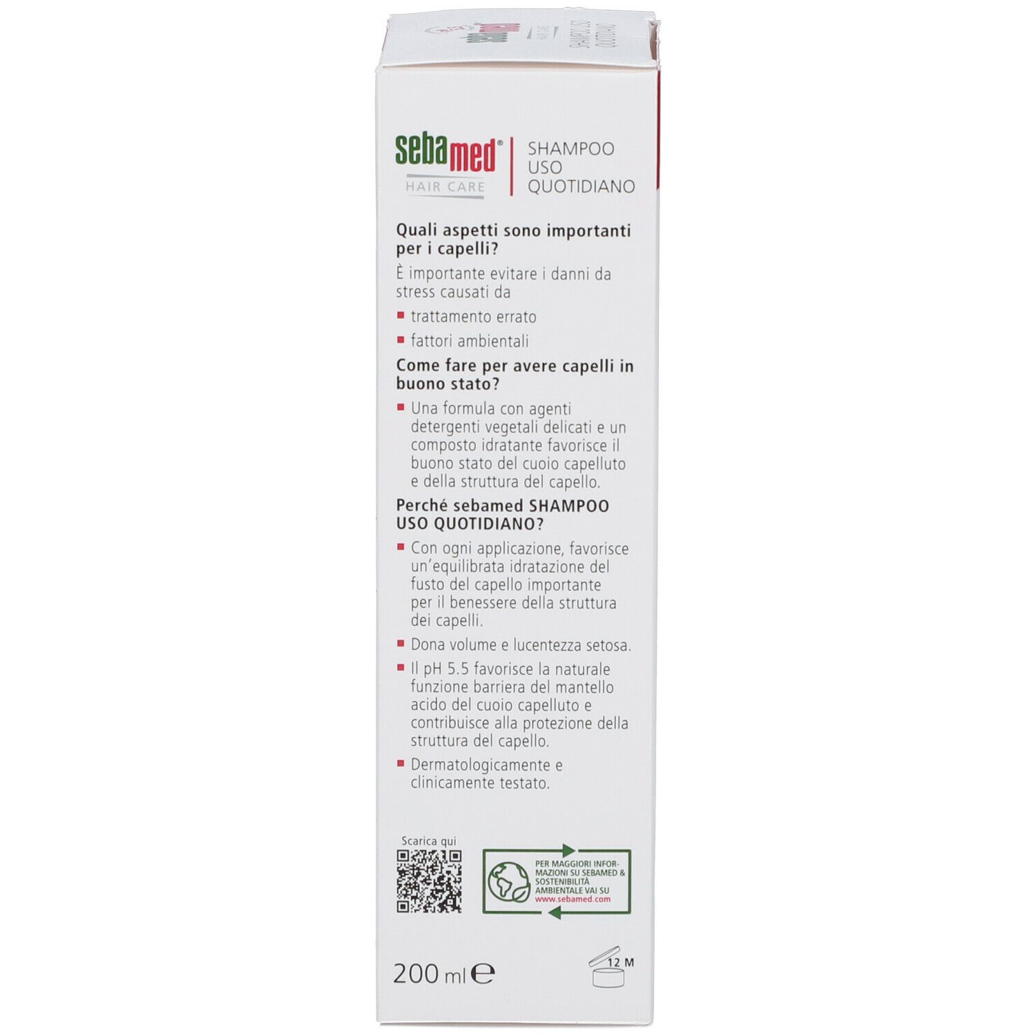 Scatola con testo: Sebamed, Shampoo Uso Quotidiano. Informazioni sulla cura dei capelli e sugli ingredienti.