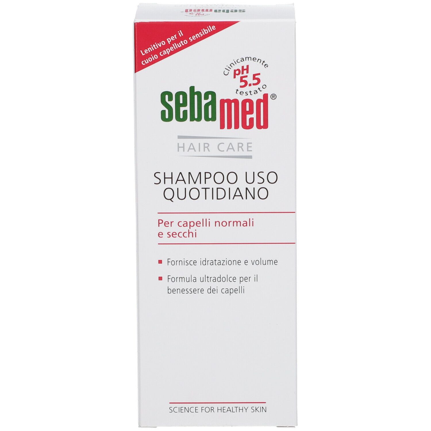 Scatola con testo: Sebamed, Hair Care, Shampoo Uso Quotidiano. Per capelli normali e secchi.