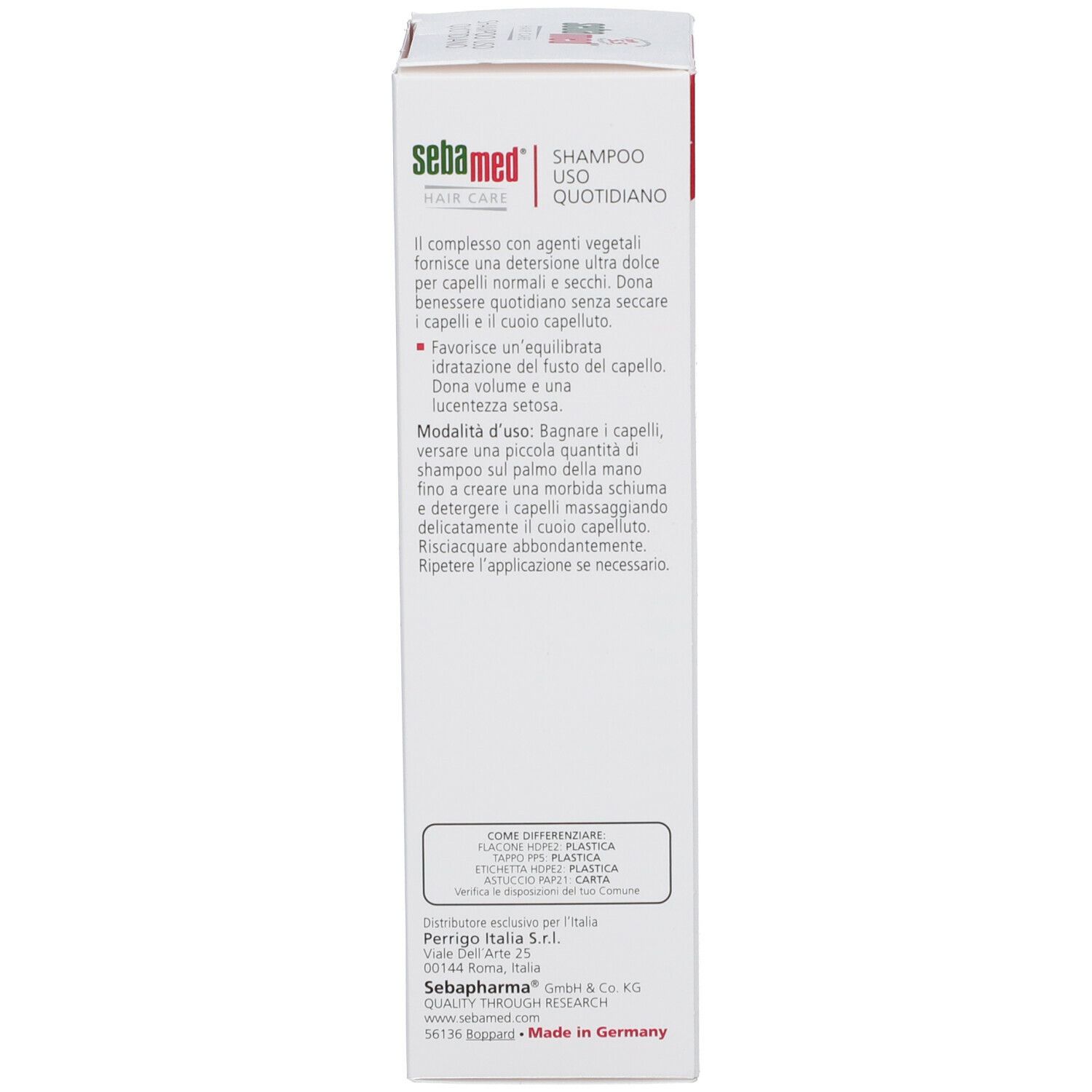 Retro della confezione. Testo: Sebamed, Shampoo Uso Quotidiano. Ingredienti e istruzioni per l'uso.