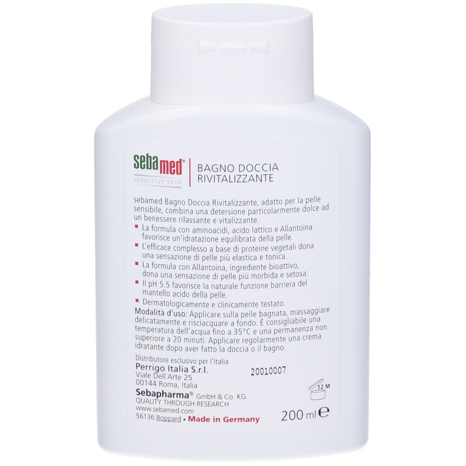 Retro del flacone bianco. Testo in italiano. Marchio Sebamed. Volume 200 ml.