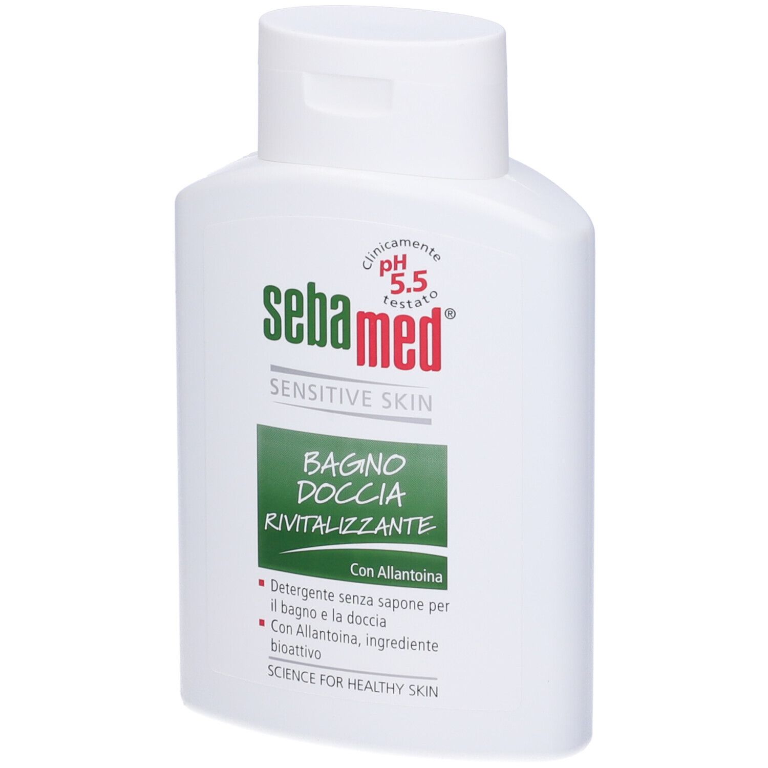 Flacone bianco con etichetta verde. Scritta: Sebamed Sensitive Skin Bagno Doccia Rivitalizzante. pH 5.5.