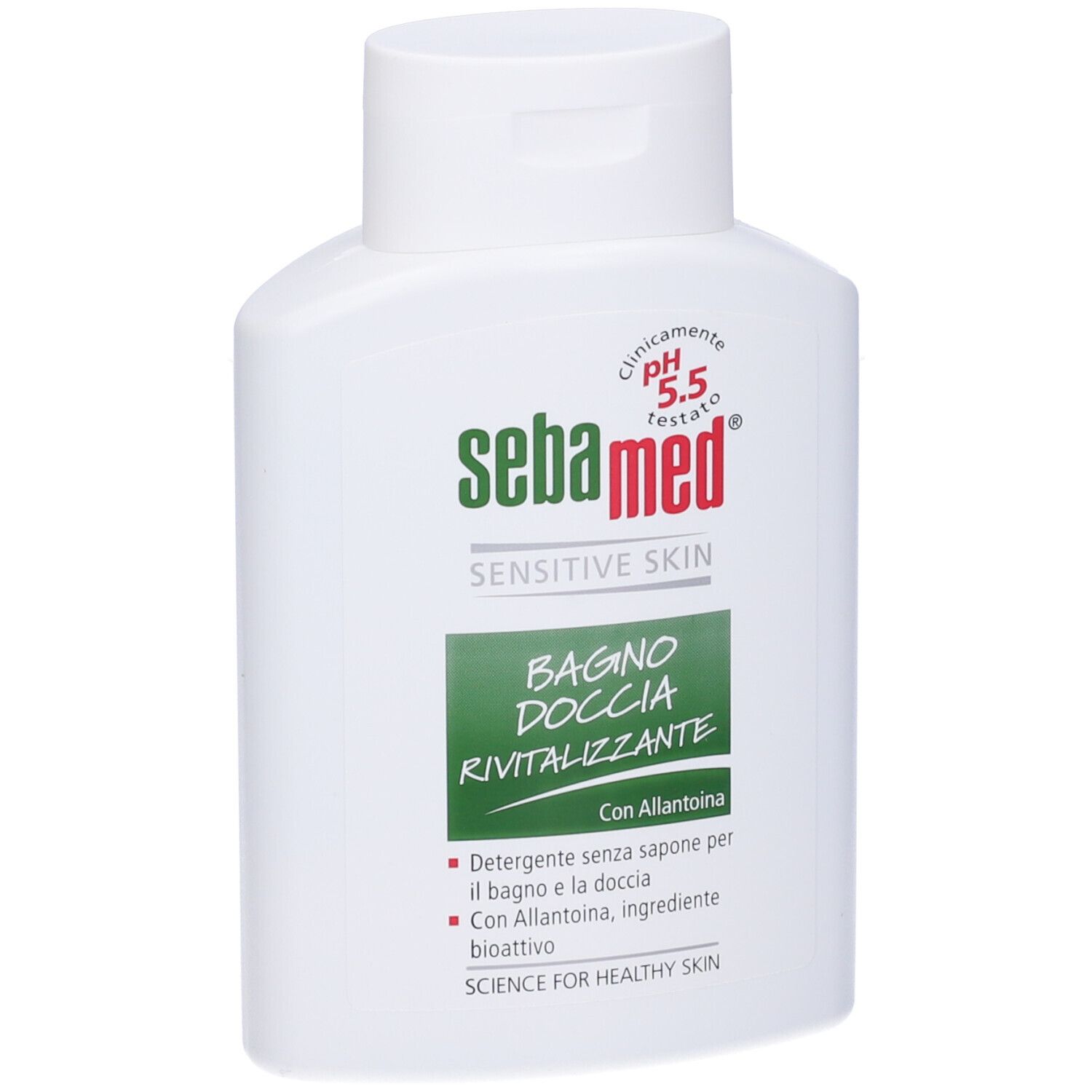 Flacone bianco con etichetta verde. Scritta: Sebamed Sensitive Skin Bagno Doccia Rivitalizzante. pH 5.5.