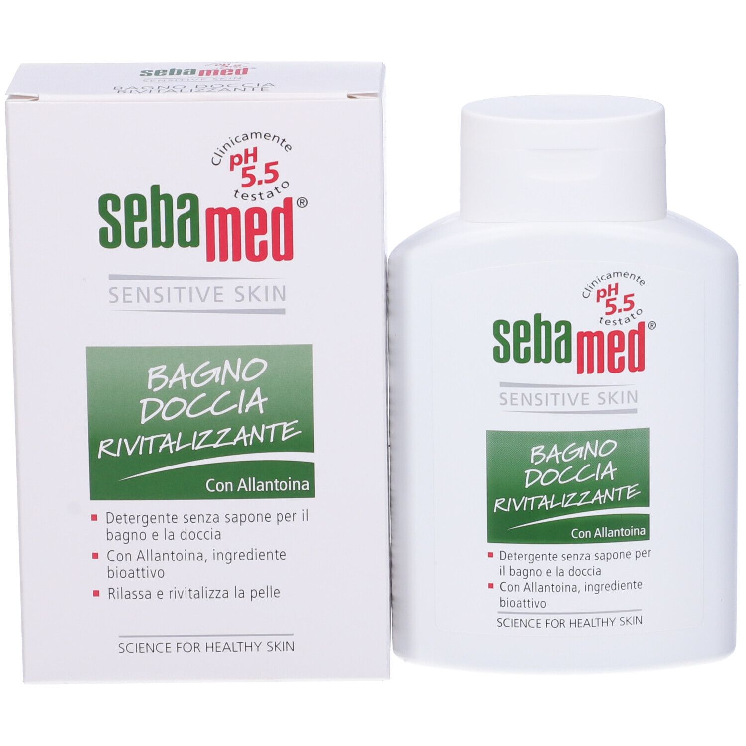 Prodotto e confezione. Flacone bianco e scatola. Scritta: Sebamed Sensitive Skin Bagno Doccia Rivitalizzante.