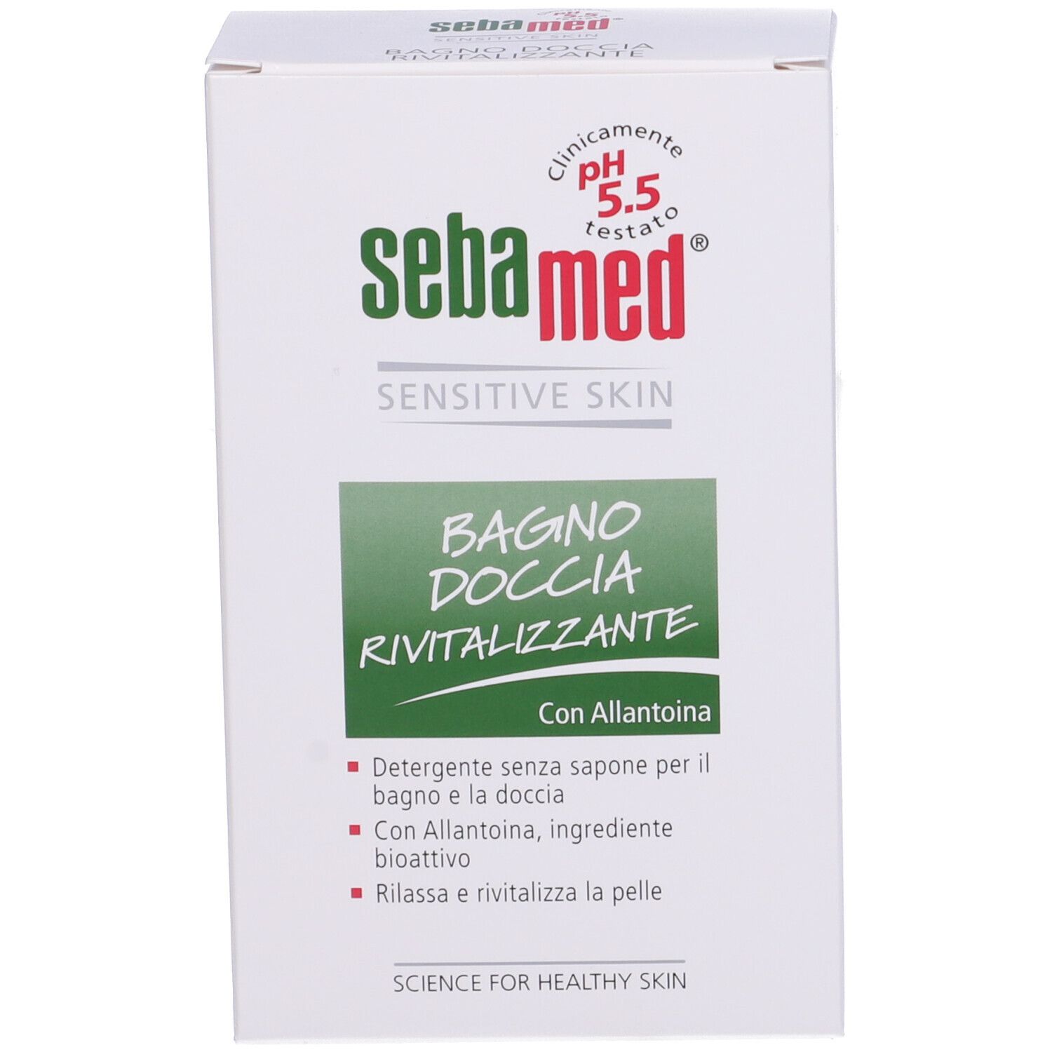 Confezione in cartone. Scritta: Sebamed Sensitive Skin Bagno Doccia Rivitalizzante. pH 5.5.