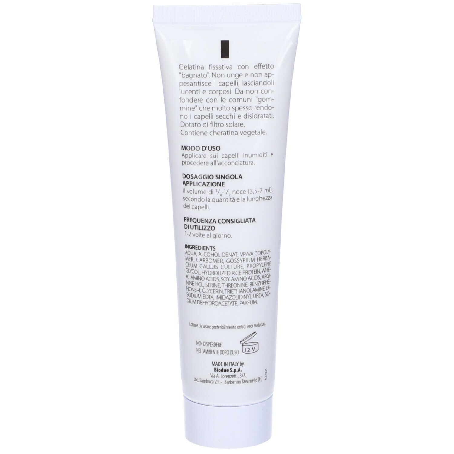 Retro del tubo. Testo su ingredienti e uso. Gel per capelli.