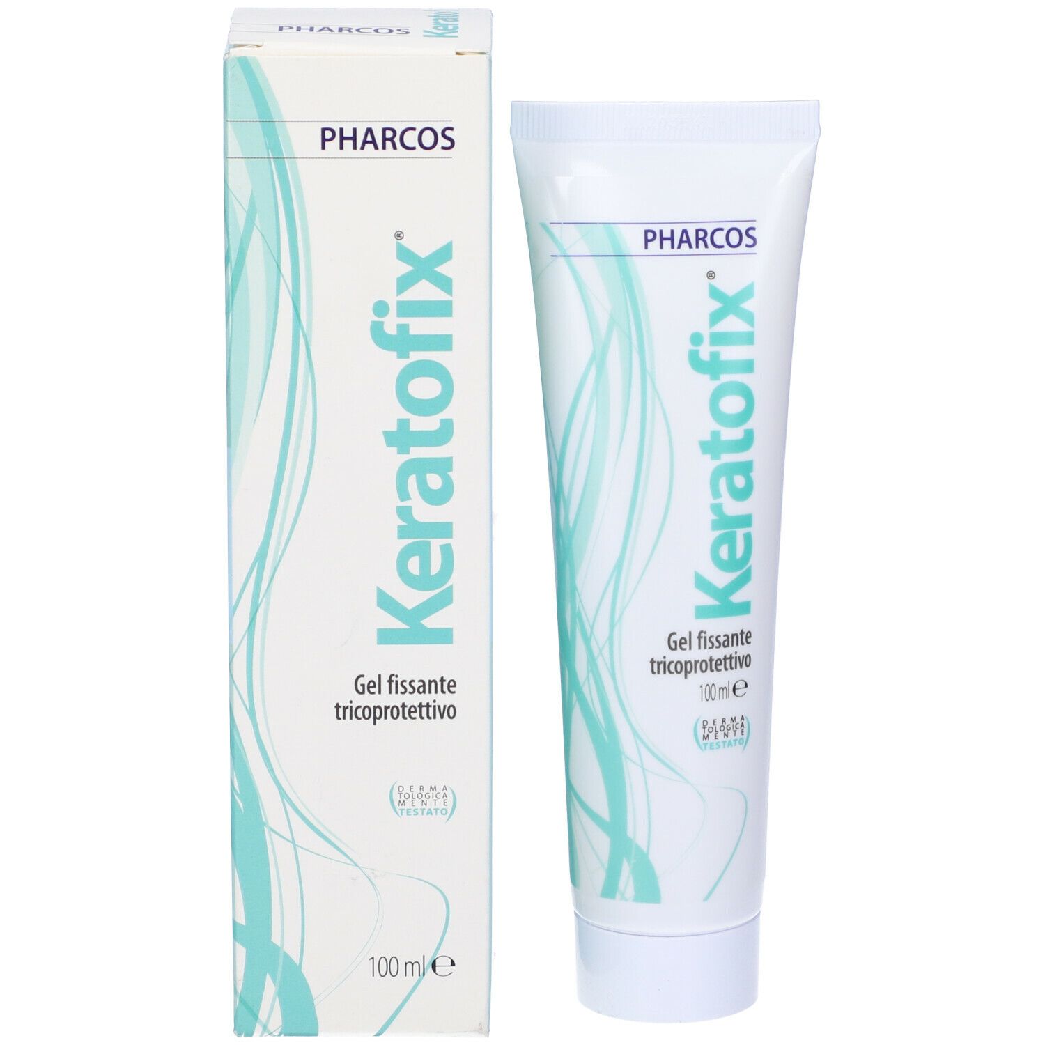 Tubo e scatola Keratofix. Onde turchesi. Gel per capelli.