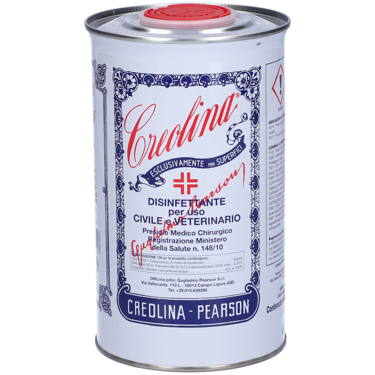 Barattolo cilindrico con coperchio rosso. Scritta 'Creolina' e 'Disinfettante'. Decorazioni blu e rosse.