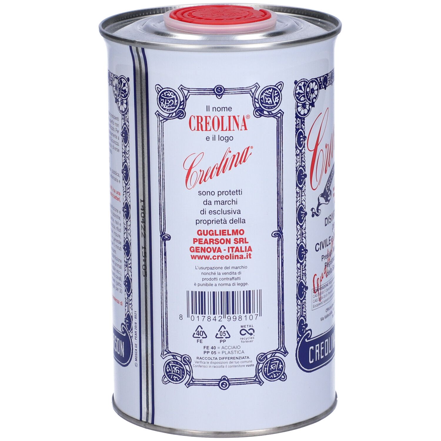Barattolo cilindrico con coperchio rosso. Retro con testo e codice a barre. Decorazioni blu e rosse.