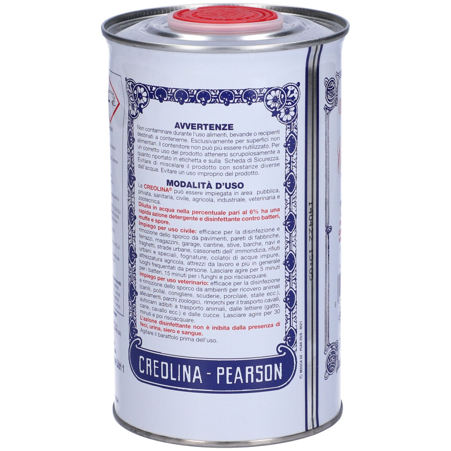 Barattolo cilindrico con coperchio rosso. Testo sull'uso e precauzioni. Decorazioni blu e rosse.