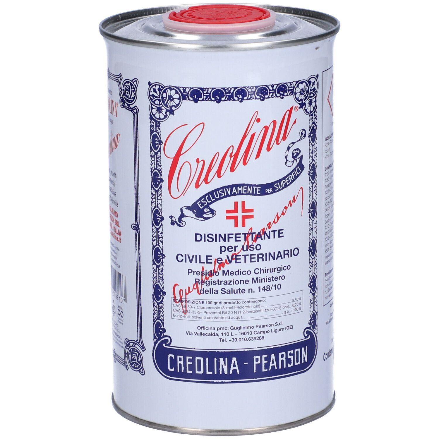 Barattolo cilindrico con coperchio rosso. Scritta 'Creolina' e 'Disinfettante'. Decorazioni blu e rosse.