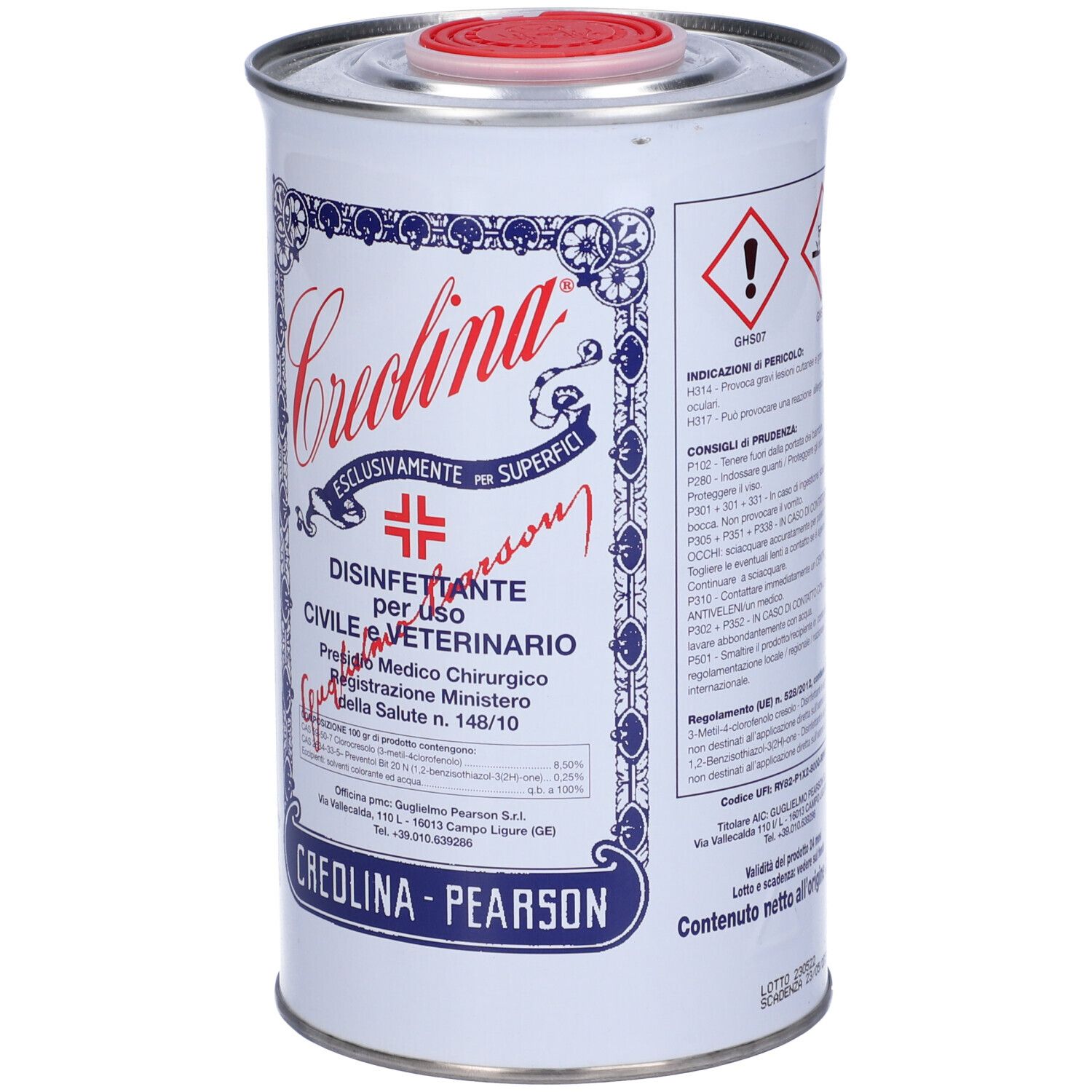 Barattolo cilindrico con coperchio rosso. Scritta 'Creolina' e 'Disinfettante'. Decorazioni blu e rosse.