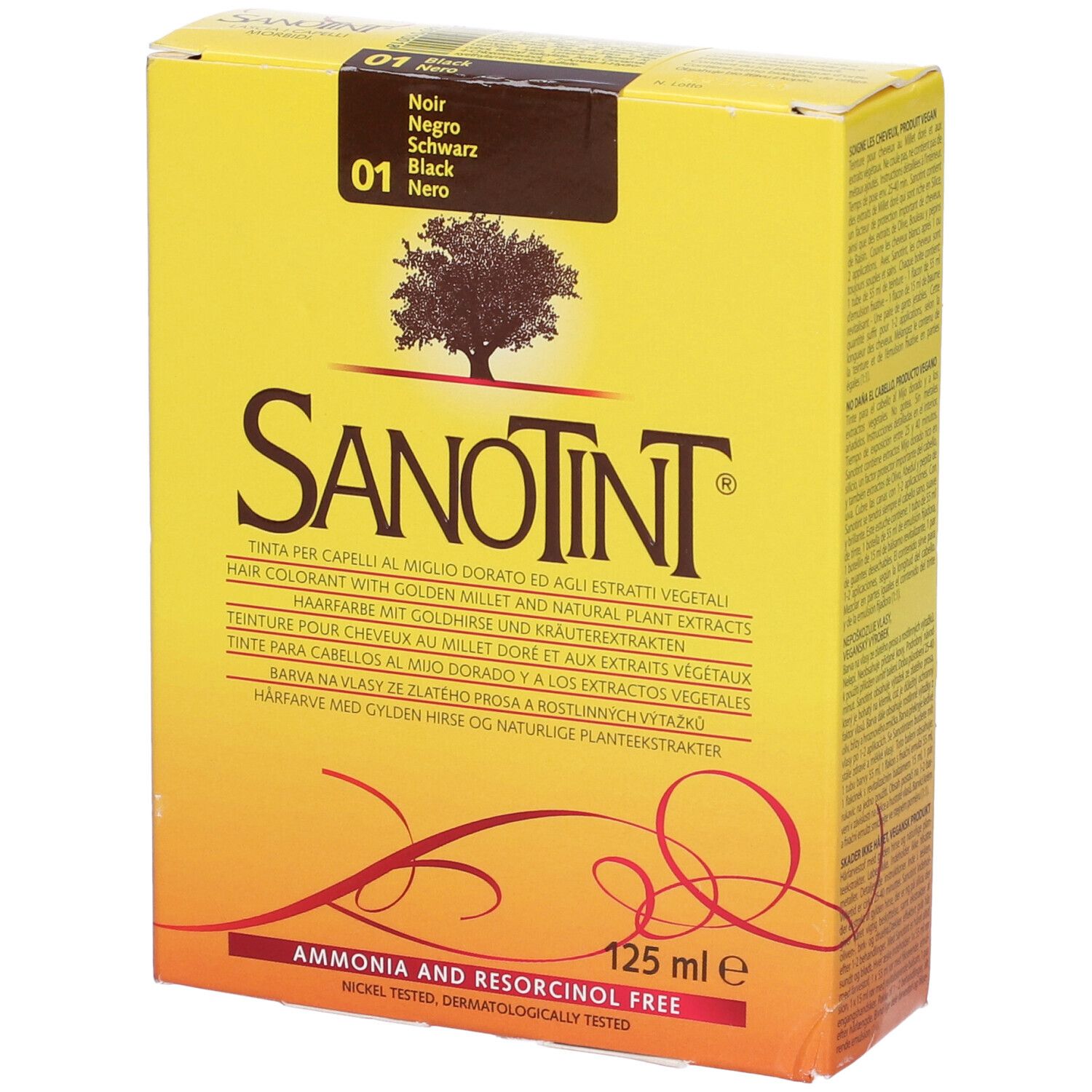 Scatola di tinta per capelli Sanotint. Gialla con nome, logo e codice colore 01 Nero. 125 ml.