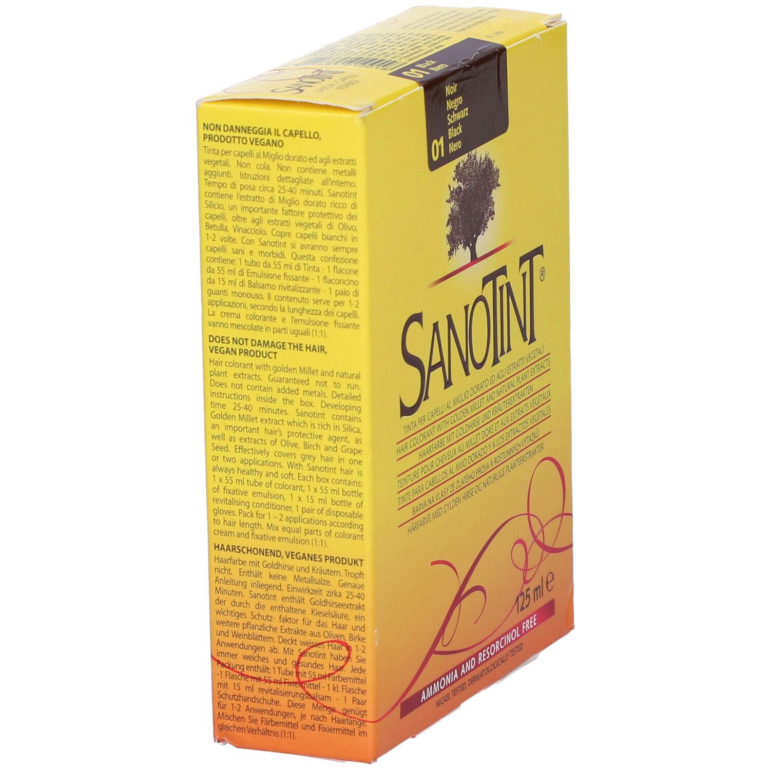 Scatola di tinta per capelli Sanotint. Gialla con nome, logo e codice colore 01 Nero. 125 ml.