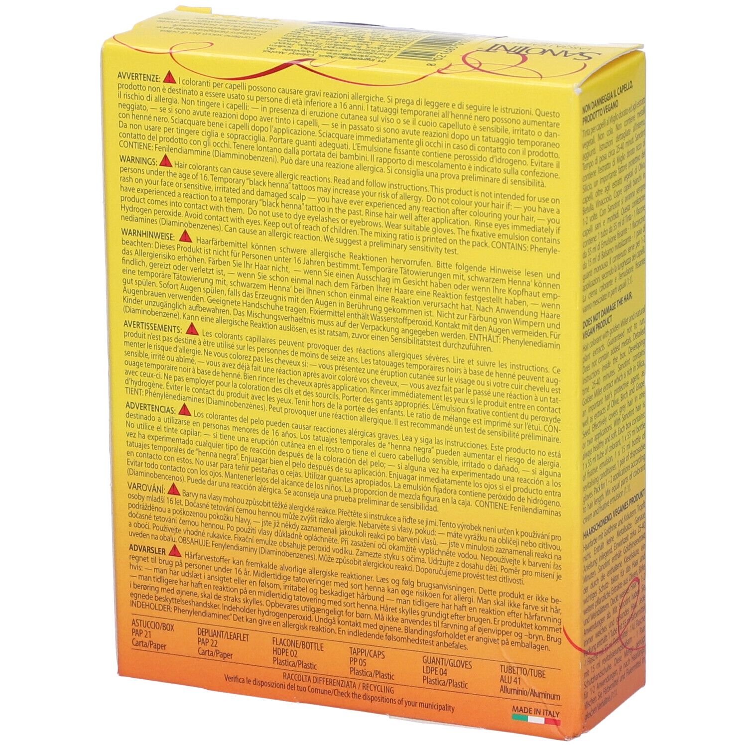 Scatola di tinta per capelli Sanotint. Gialla con nome, logo e codice colore 01 Nero. 125 ml.