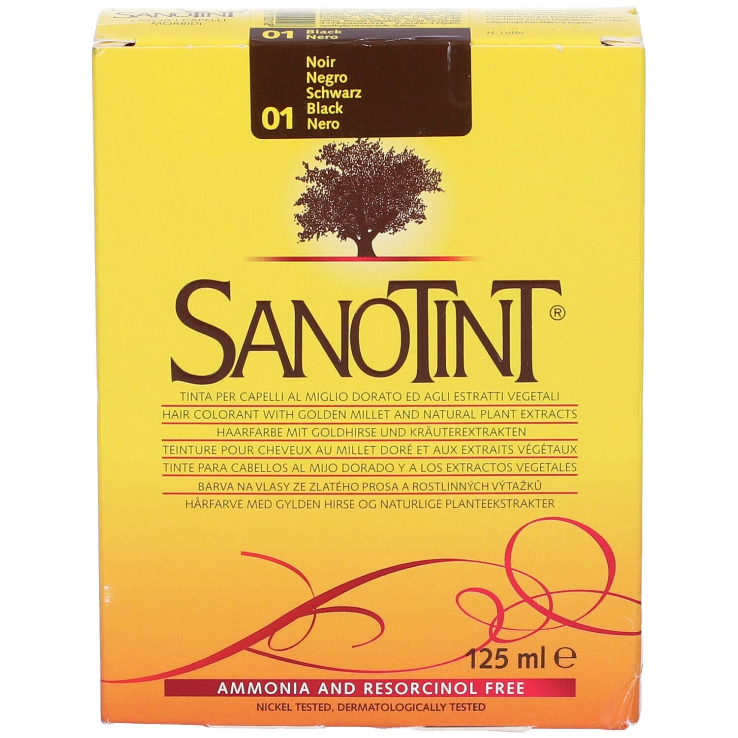 Scatola di tinta per capelli Sanotint. Gialla con nome, logo e codice colore 01 Nero. 125 ml.