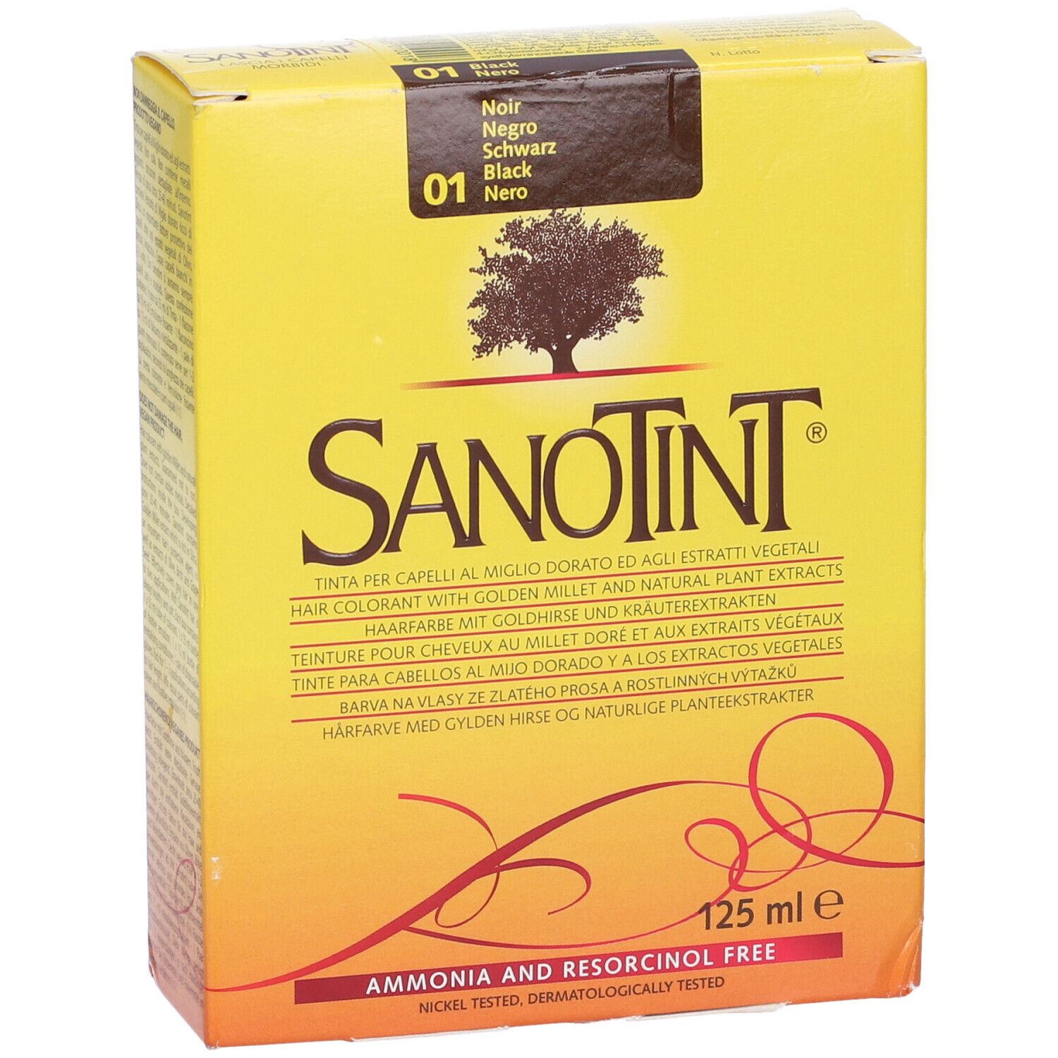 Scatola di tinta per capelli Sanotint. Gialla con nome, logo e codice colore 01 Nero. 125 ml.