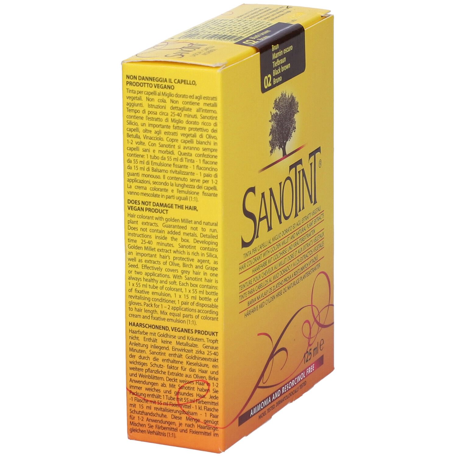 Colorazione per capelli Sanotint, scatola gialla. Scritto: 02 Bruno, 125 ml. Contiene estratti vegetali, senza ammoniaca.