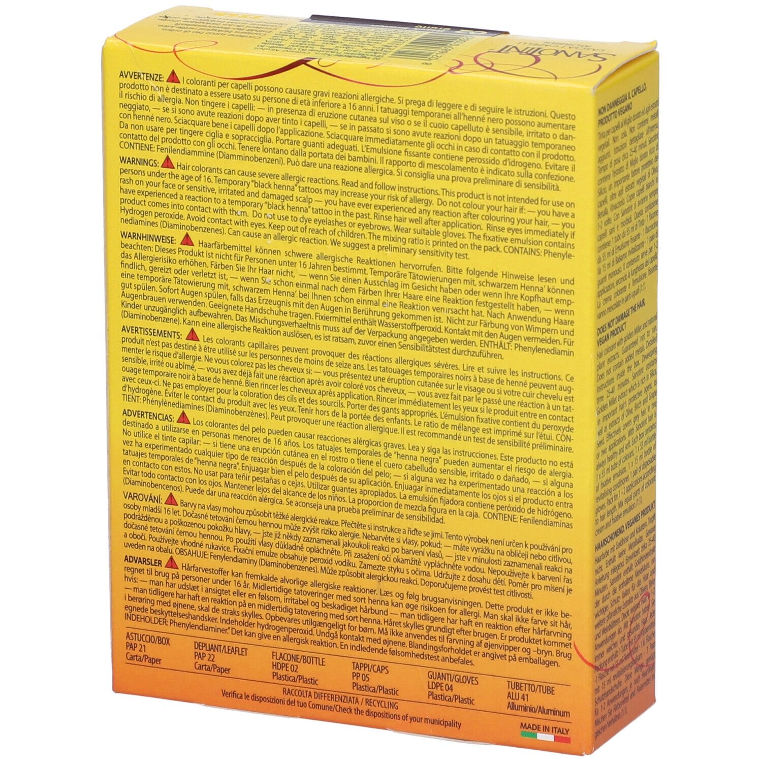 Retro della scatola di colorazione per capelli Sanotint. Contiene avvertenze e ingredienti. Sfondo giallo.