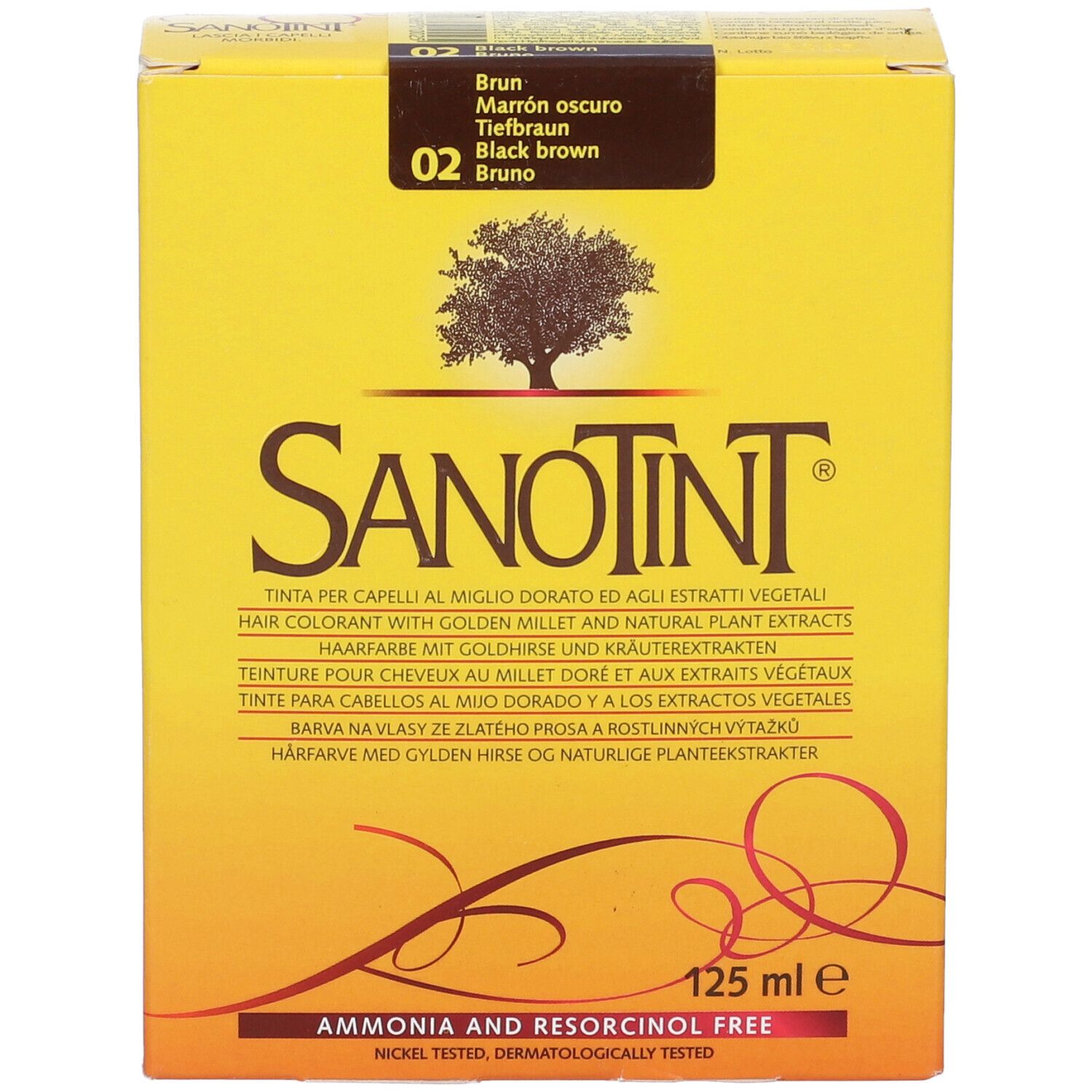 Colorazione per capelli Sanotint, scatola gialla. Scritto: 02 Bruno, 125 ml. Contiene estratti vegetali, senza ammoniaca.