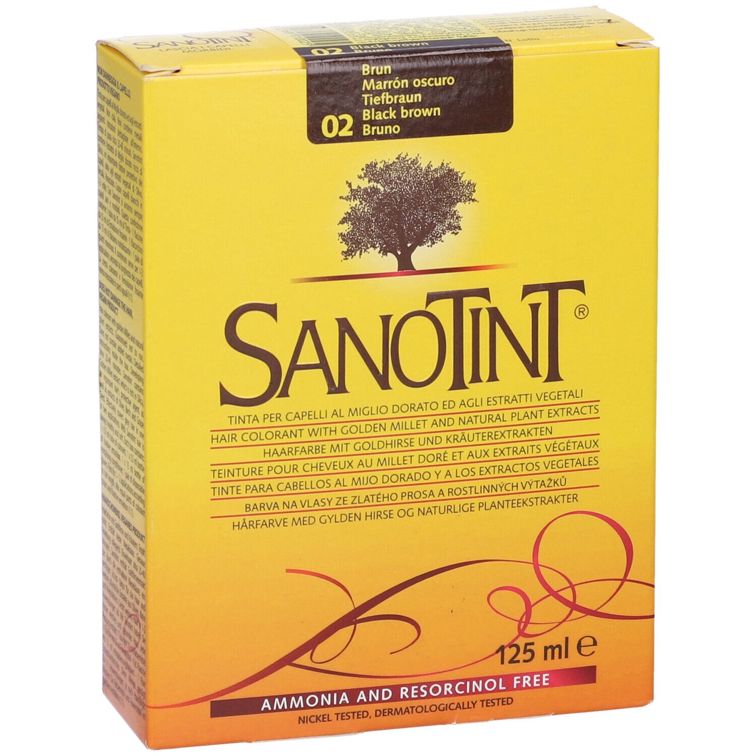 Colorazione per capelli Sanotint, scatola gialla. Scritto: 02 Bruno, 125 ml. Contiene estratti vegetali, senza ammoniaca.
