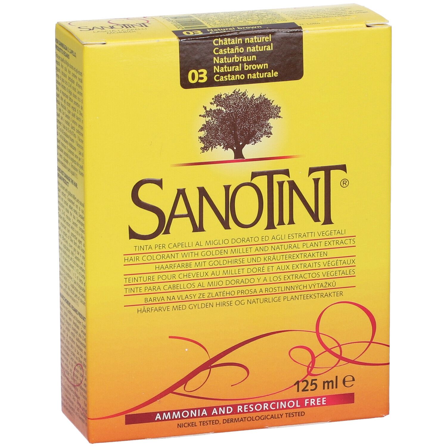 Scatola gialla con informazioni sul prodotto. Scritta: Sanotint, 03, castano naturale. Contiene 125 ml.