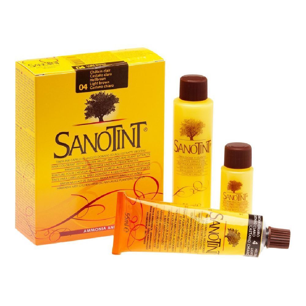 Set di tintura per capelli. Include flaconi, un tubetto e una scatola con la scritta Sanotint. Colore: 04 Castano Chiaro.