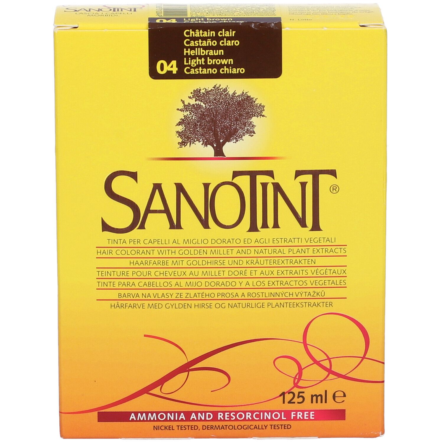Scatola gialla con logo e testo Sanotint. Indica '04 Castano Chiaro'. 125 ml. Senza ammoniaca e resorcina.