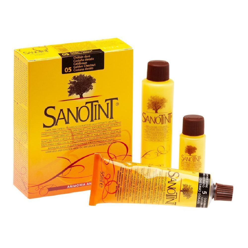 Confezione e flaconi Sanotint. Colore giallo con logo albero e nome. Tonalità 05.