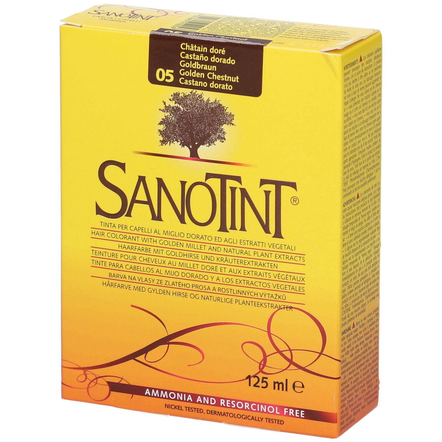 Scatola gialla di tinta per capelli Sanotint. Nome, logo albero e tonalità 05. 125 ml. Testo multilingue.