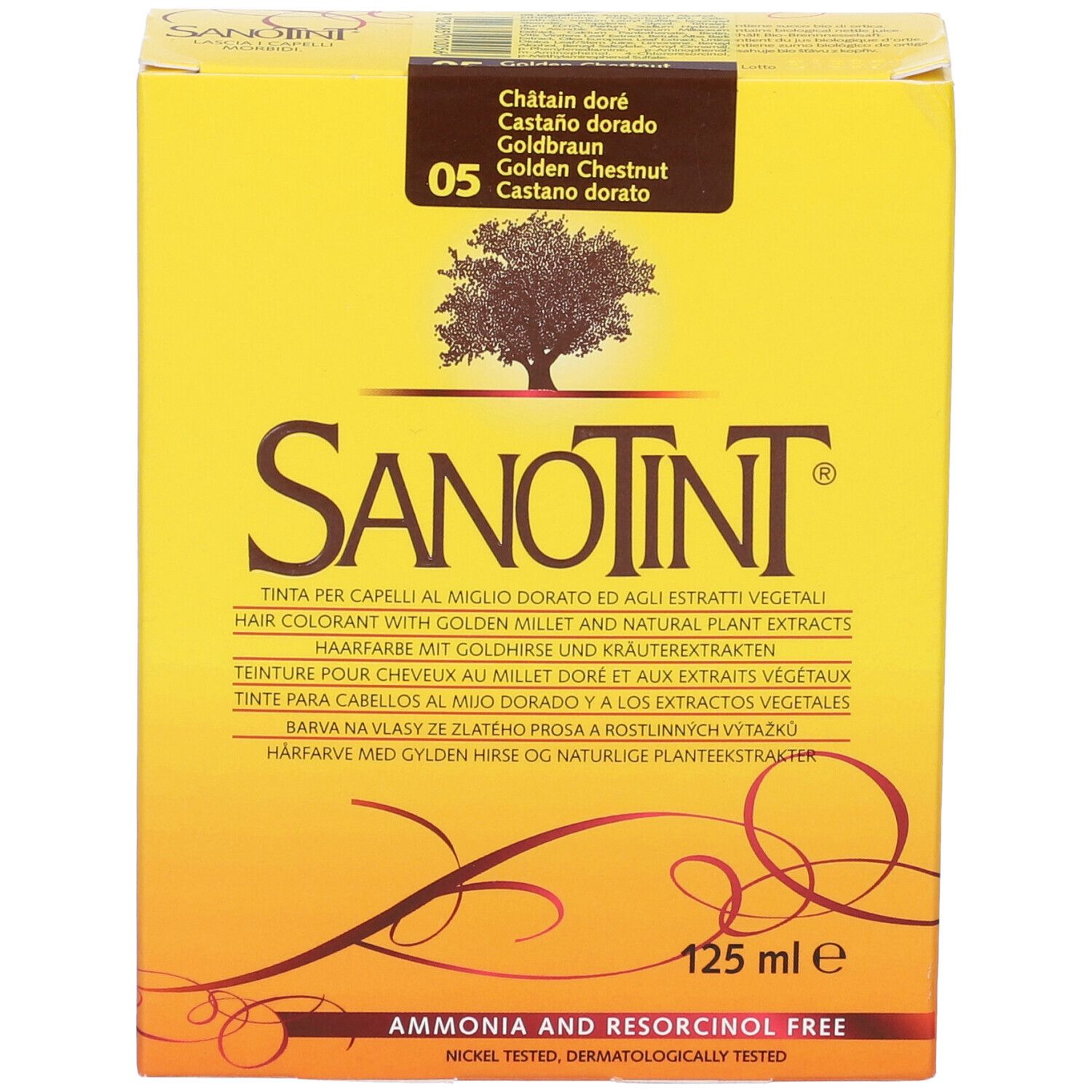 Scatola di tinta per capelli Sanotint. Nome, logo albero e tonalità 05. 125 ml. Testo multilingue.