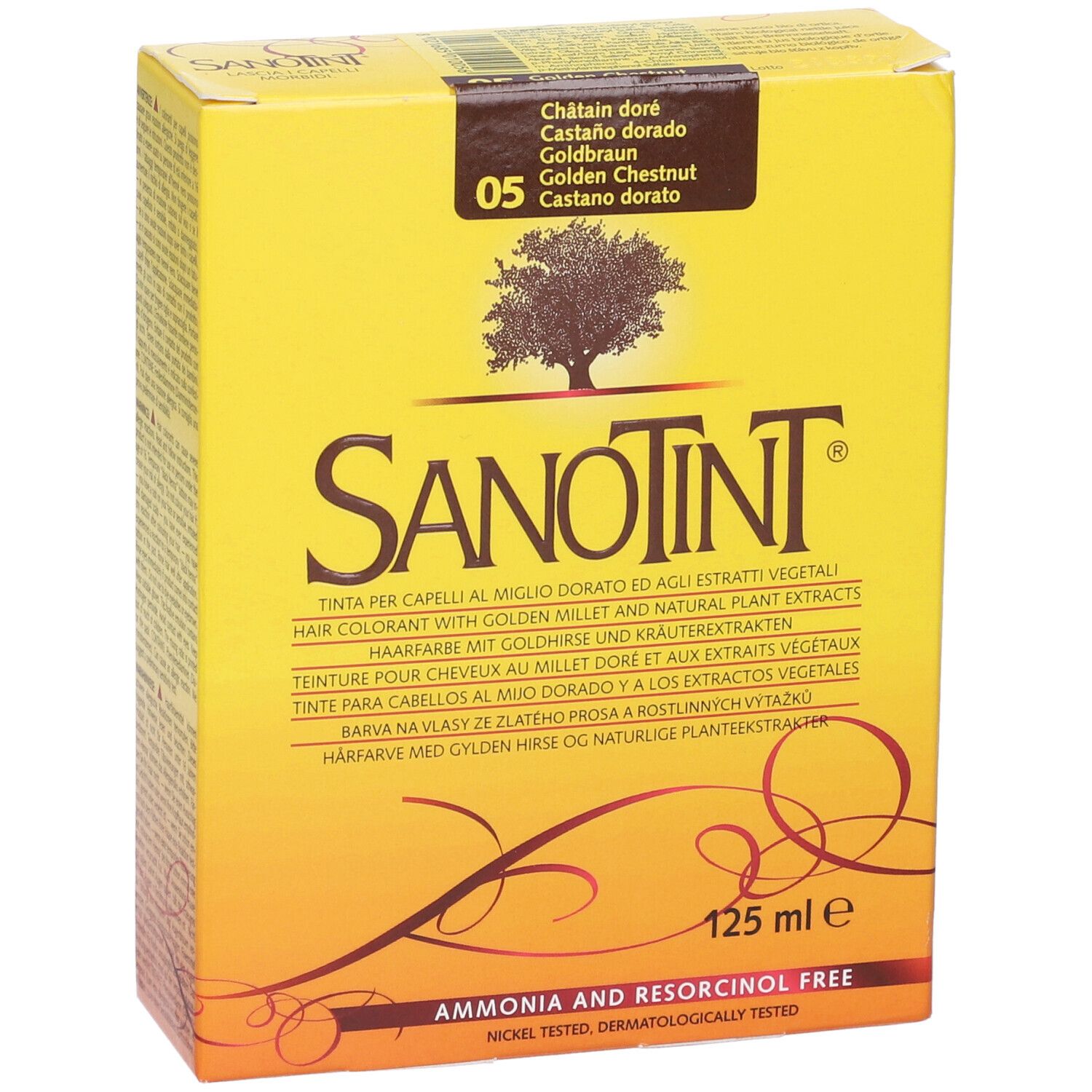 Scatola di tinta per capelli Sanotint. Nome, logo albero e tonalità 05. 125 ml. Testo multilingue.