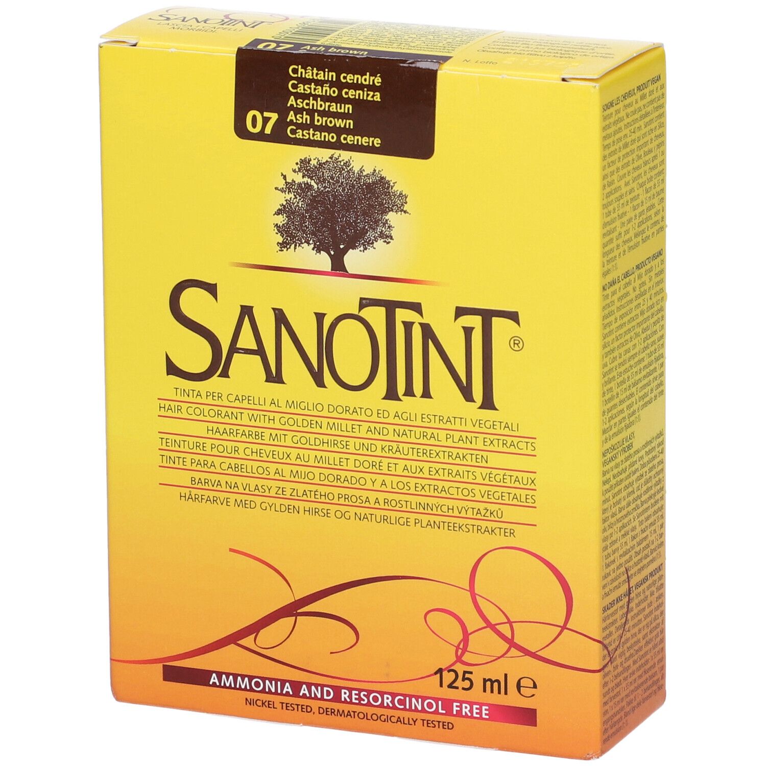 Scatola gialla di tinta per capelli Sanotint. Nome del prodotto, logo albero e codice colore 07. 125 ml. Senza ammoniaca e resorcina.