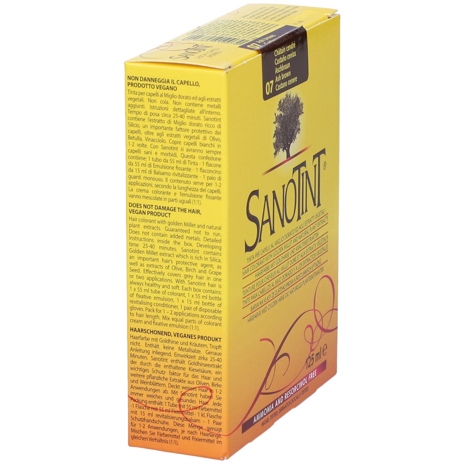 Scatola gialla di tinta per capelli Sanotint. Informazioni sul prodotto, logo albero e codice colore 07. 125 ml. Vegano.