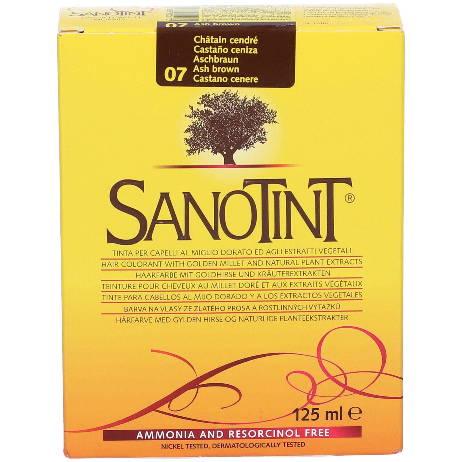 Scatola gialla di tinta per capelli Sanotint. Nome del prodotto, logo albero e codice colore 07. 125 ml. Senza ammoniaca e resorcina.