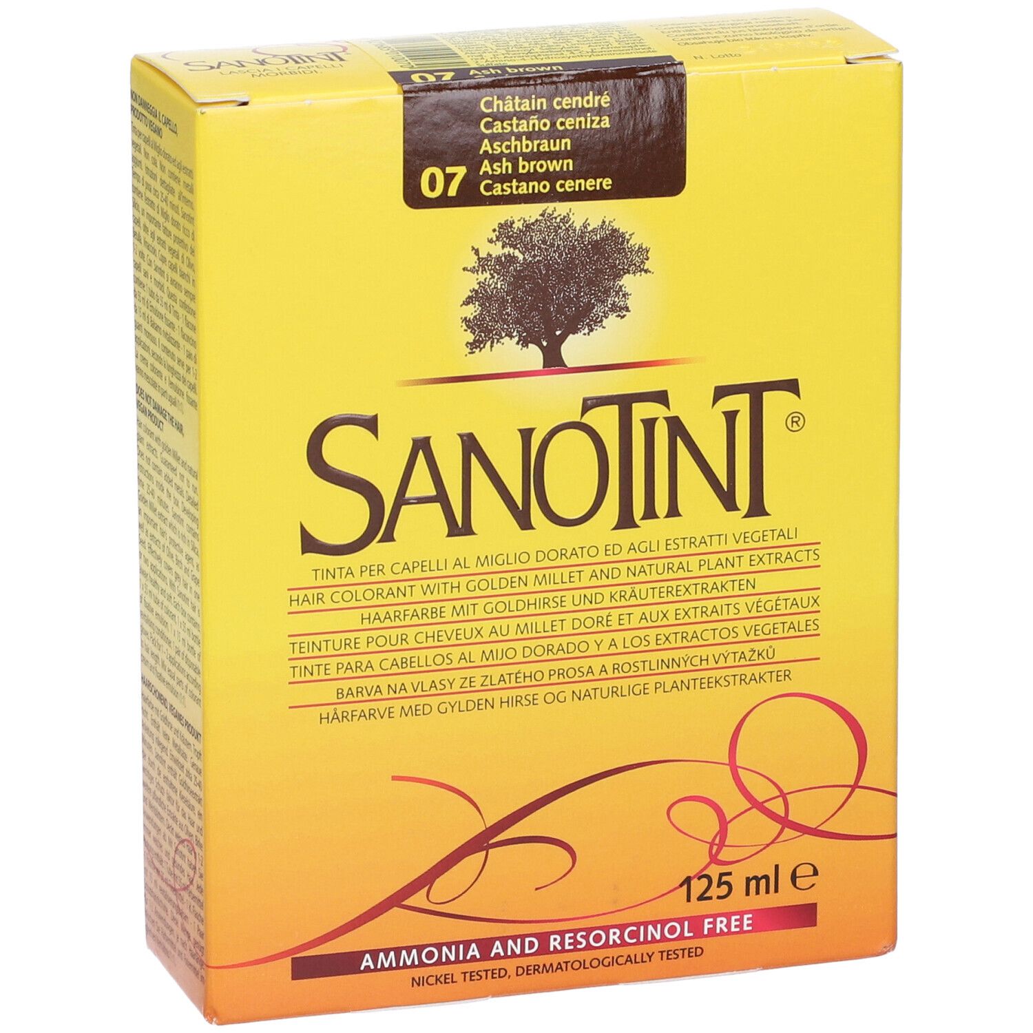 Scatola gialla di tinta per capelli Sanotint. Nome del prodotto, logo albero e codice colore 07. 125 ml. Senza ammoniaca e resorcina.