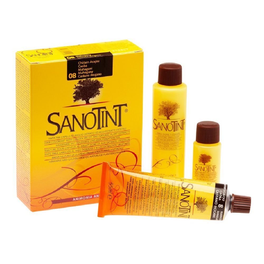 Colorazione Sanotint 08 Castano Mogano, con flaconi e tubo. Confezione giallo-arancio con nome prodotto e logo albero.