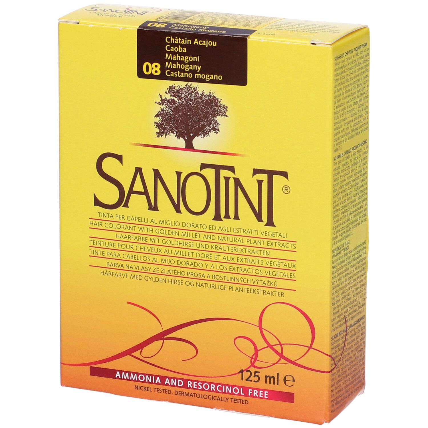 Scatola colorazione Sanotint, 08 Castano Mogano. Scatola giallo-arancio con nome prodotto, logo albero e testo. 125 ml.