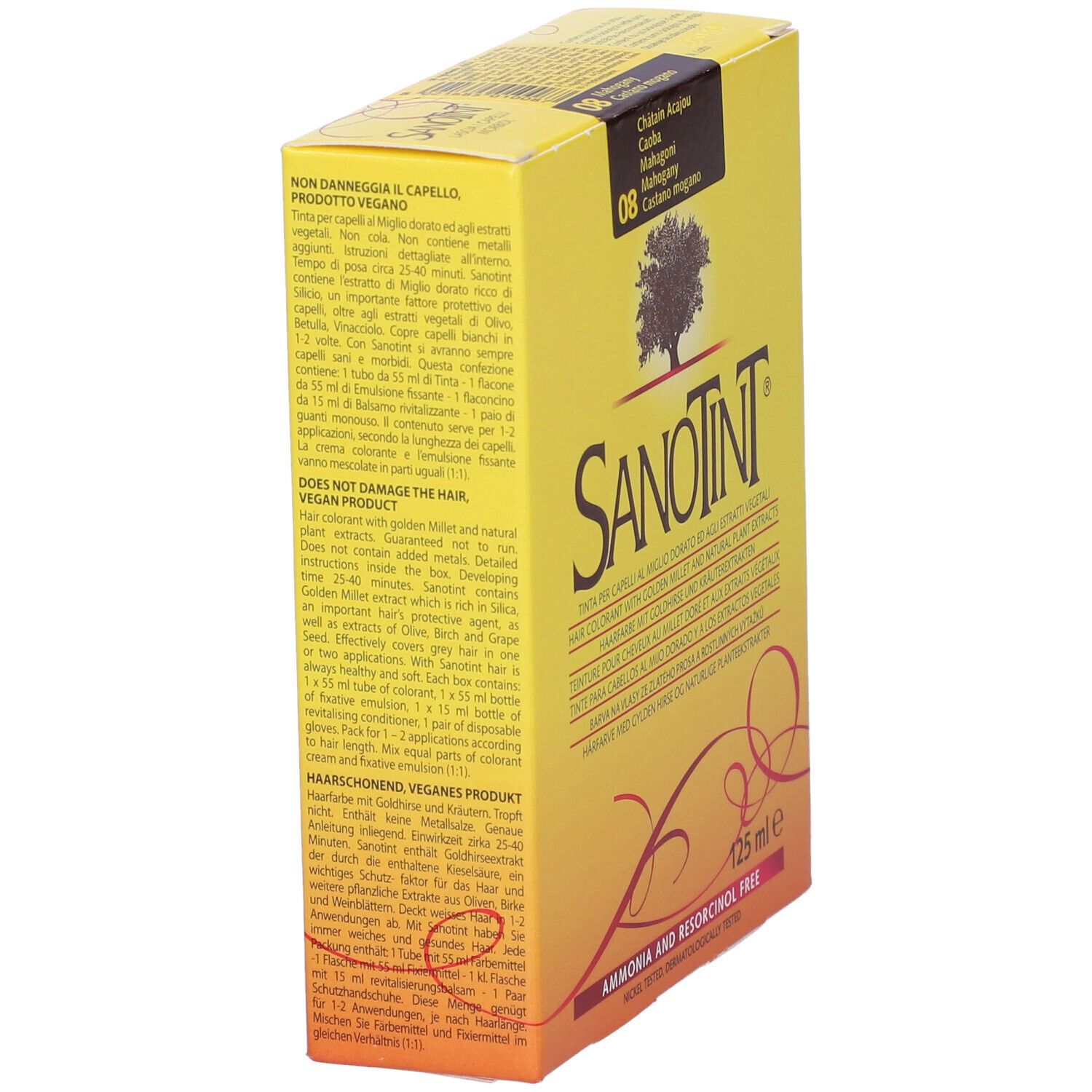 Scatola colorazione Sanotint, 08 Castano Mogano. Scatola giallo-arancio con nome prodotto, logo albero e testo. Retro.